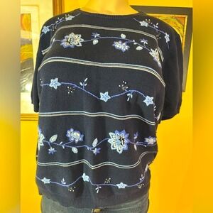 Alfred Dunner Womens Embroidered Floral Blue Short Sleeve Pullover Sweater
